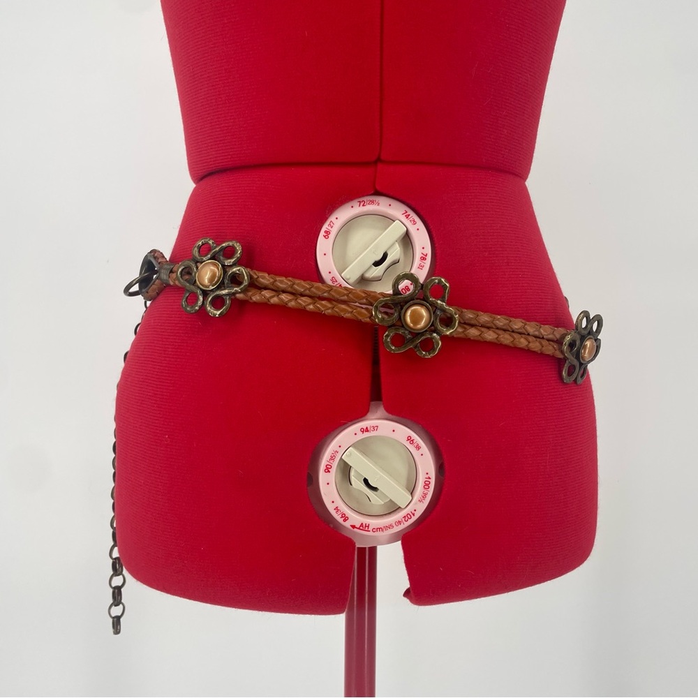 Vintage Bohemian Braided Leather Belt With Brass Toned Metal Flowers